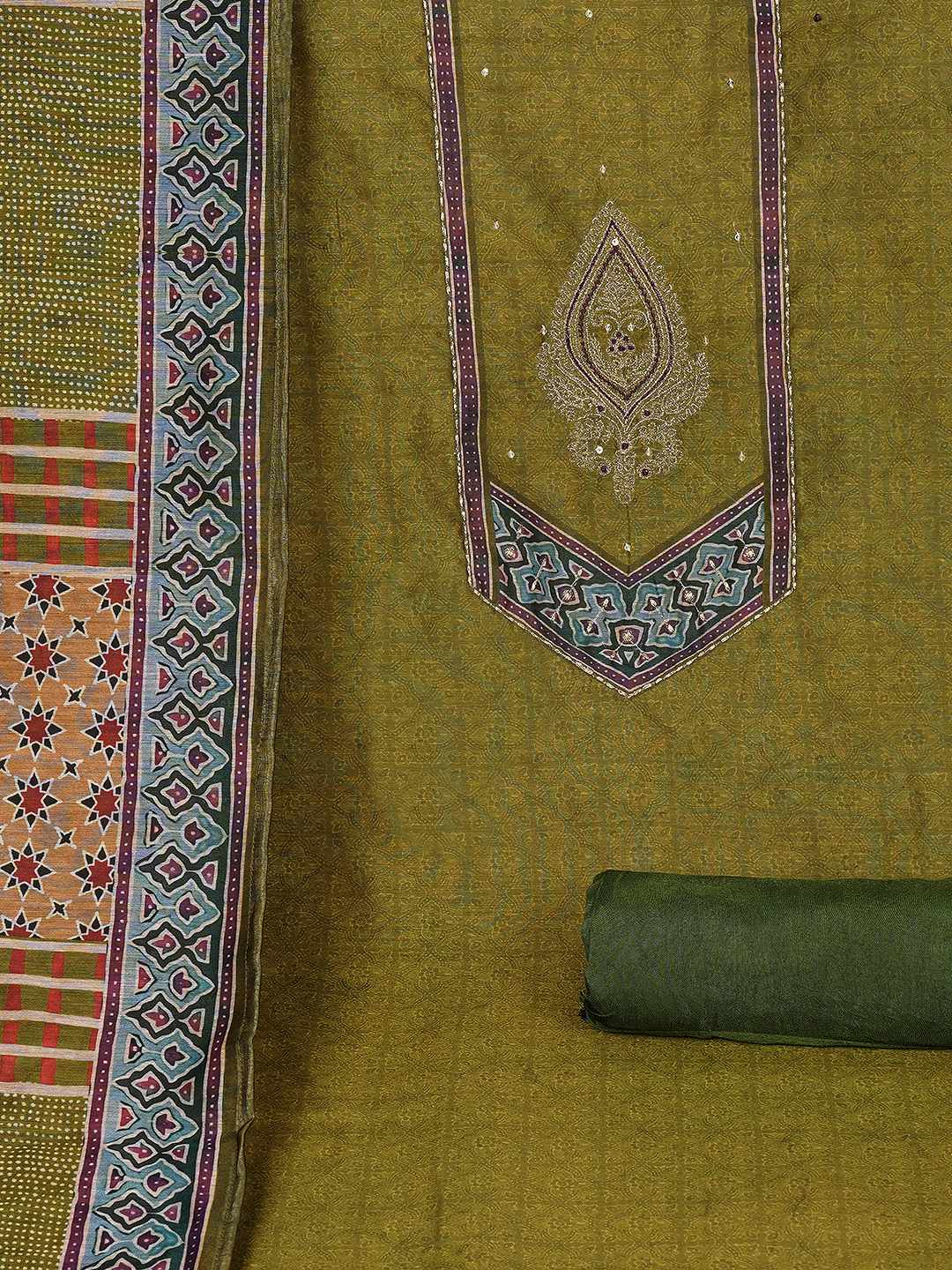 Unstitched 3-Piece Art Silk Suit Set with Embroidered Yoke, Printed Dupatta.(Green)