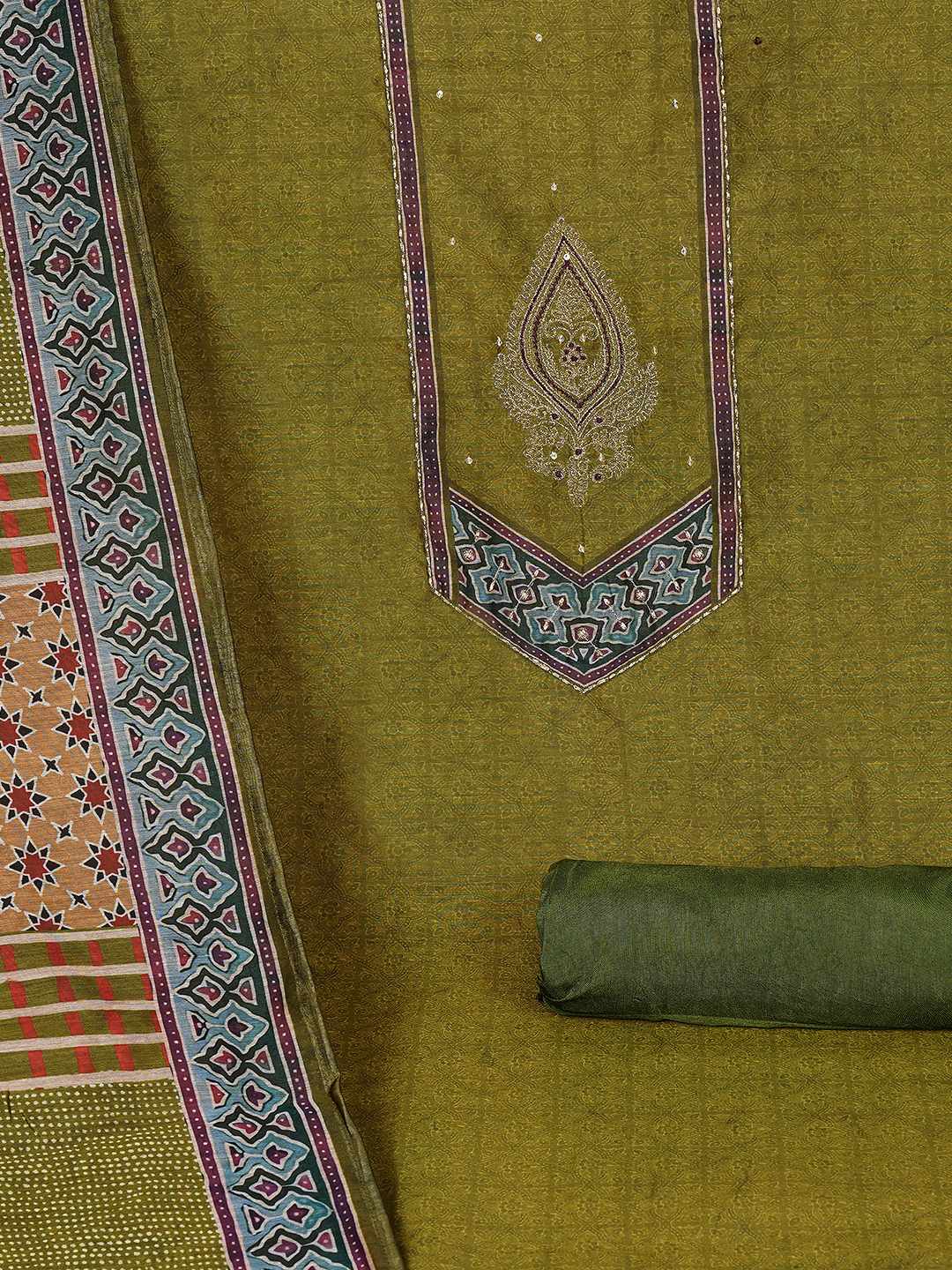 Unstitched 3-Piece Art Silk Suit Set with Embroidered Yoke, Printed Dupatta.(Green)