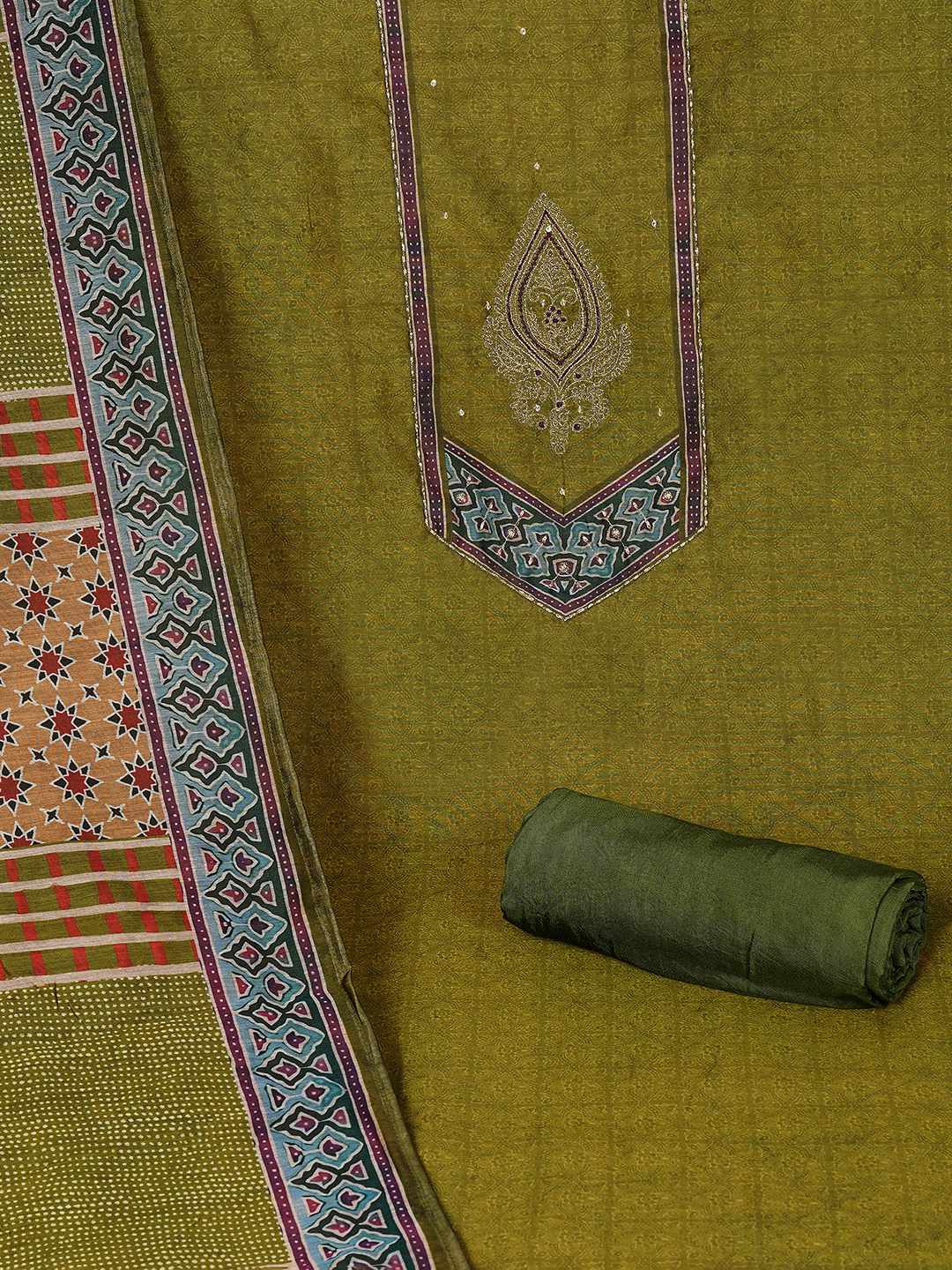 Unstitched 3-Piece Art Silk Suit Set with Embroidered Yoke, Printed Dupatta.(Green)