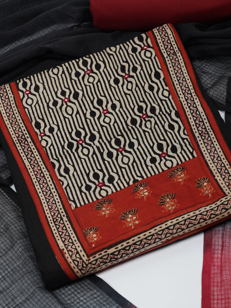 Black Unstitched cotton suit set with mix-match yoke and contrast colour kota dupatta.