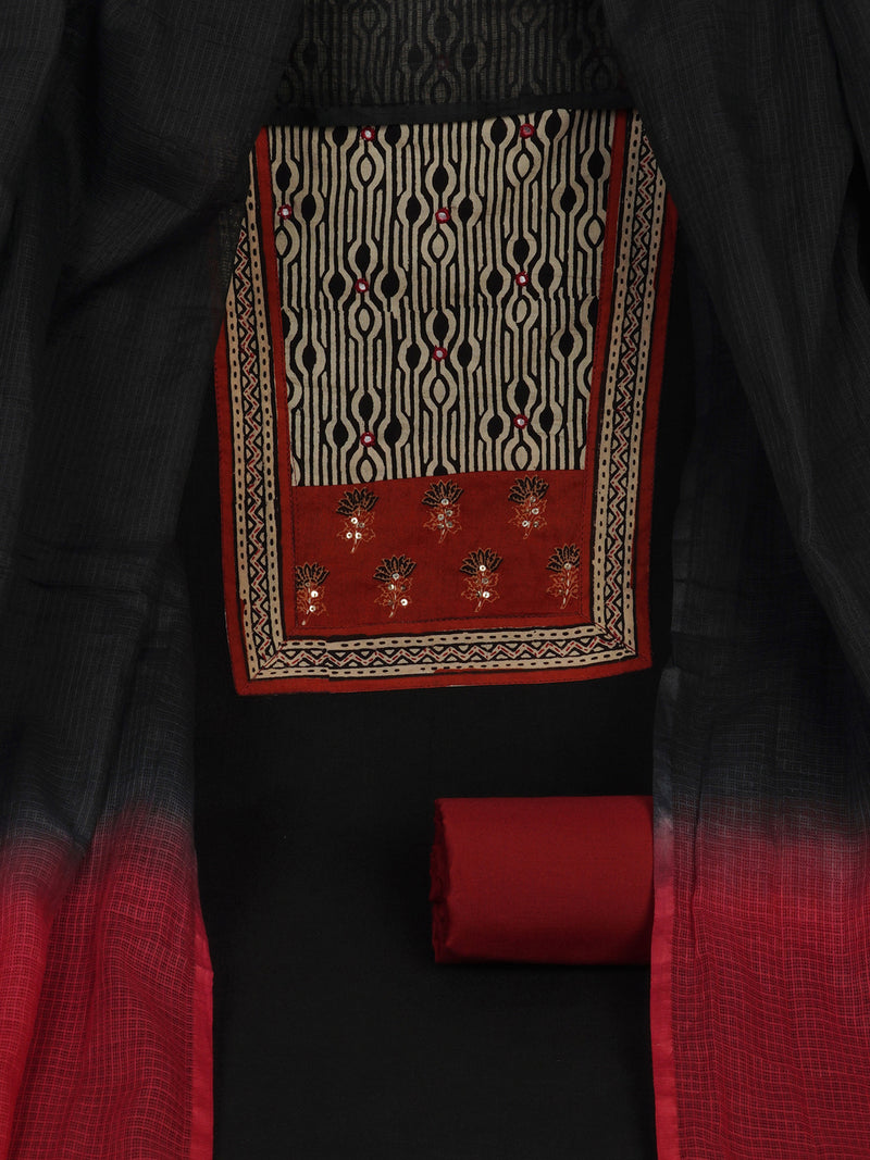 Black Unstitched cotton suit set with mix-match yoke and contrast colour kota dupatta.