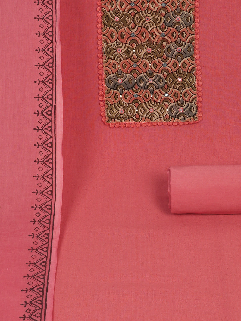 Pink Unstitched suit set with kalamakri yoke paired with double dyed dupatta.