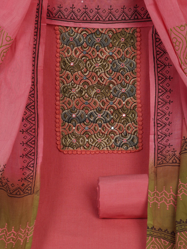 Pink Unstitched suit set with kalamakri yoke paired with double dyed dupatta.