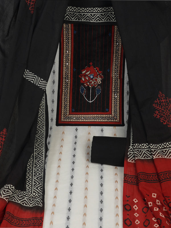 Unstitched striped suit set combined with a contrast color block printed dupatta.