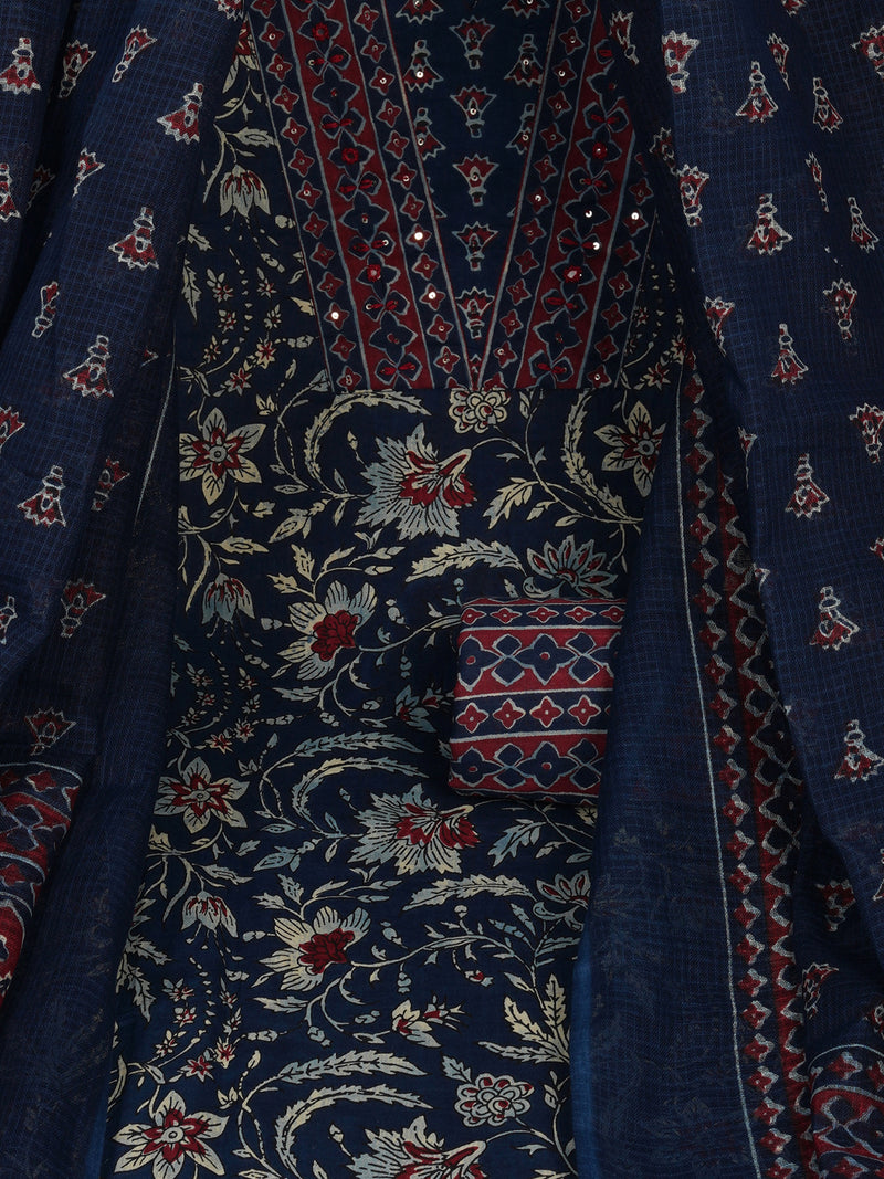 Blue Unstitched traditional block printed suit set paired with kota-doria printed dupatta.