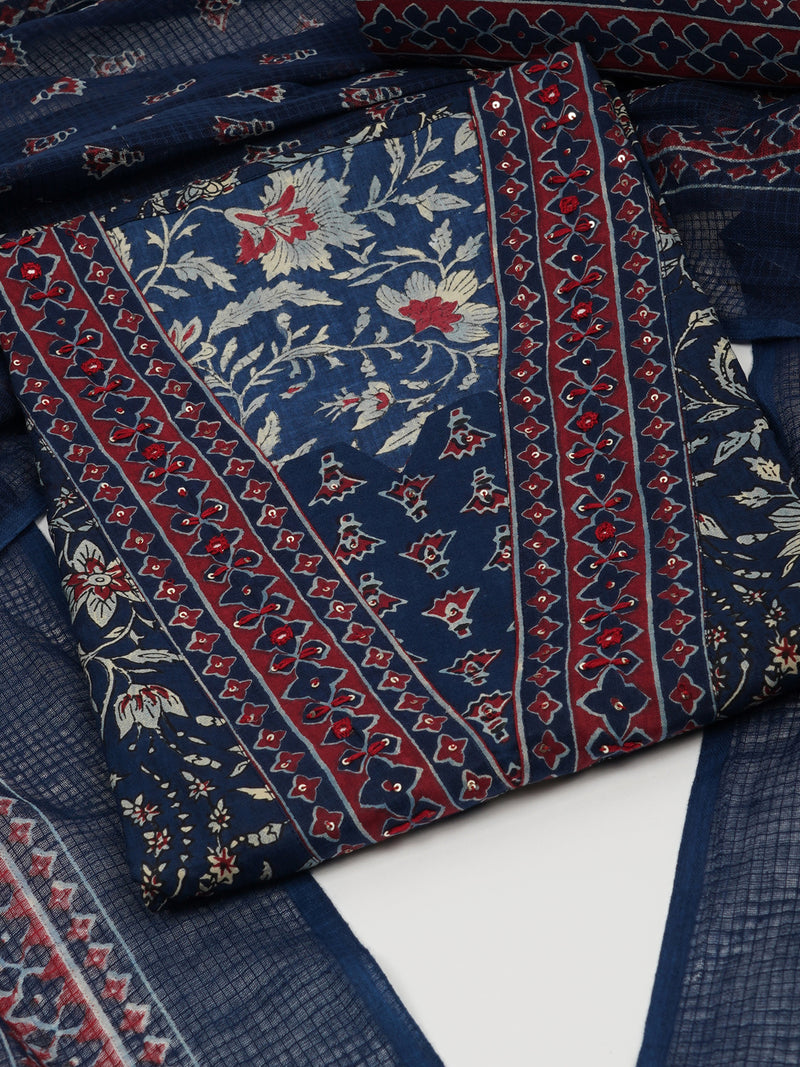 Blue Unstitched traditional block printed suit set paired with kota-doria printed dupatta.