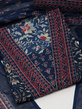 Blue Unstitched traditional block printed suit set paired with kota-doria printed dupatta.