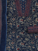 Blue Unstitched traditional block printed suit set paired with kota-doria printed dupatta.