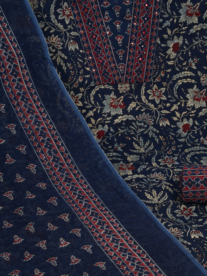 Blue Unstitched traditional block printed suit set paired with kota-doria printed dupatta.