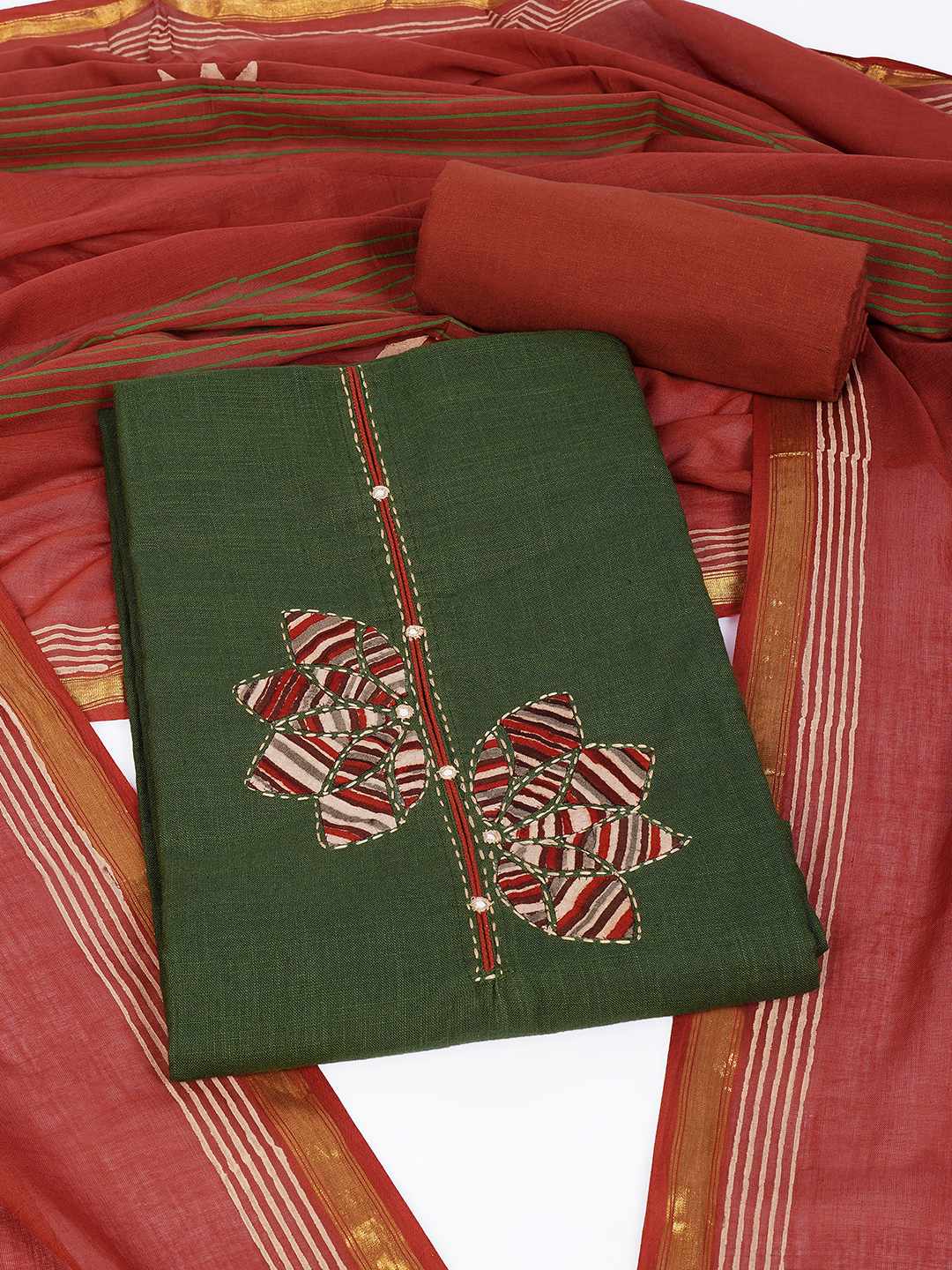 Cotton 3-Piece Unstitched Dress Material with Applique, Mirror Work, Plain Salwar & Printed Dupatta.(Green)