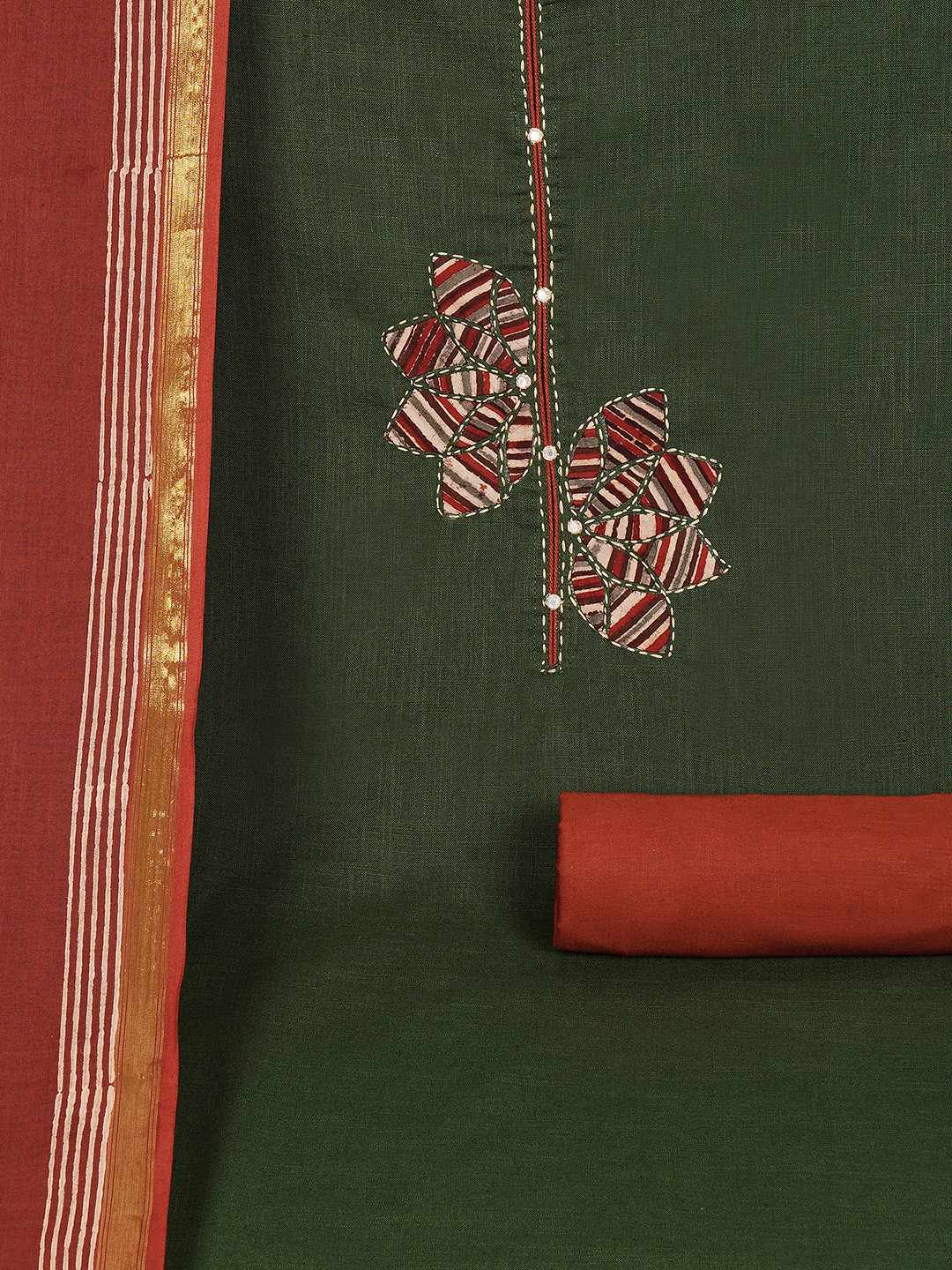 Cotton 3-Piece Unstitched Dress Material with Applique, Mirror Work, Plain Salwar & Printed Dupatta.(Green)