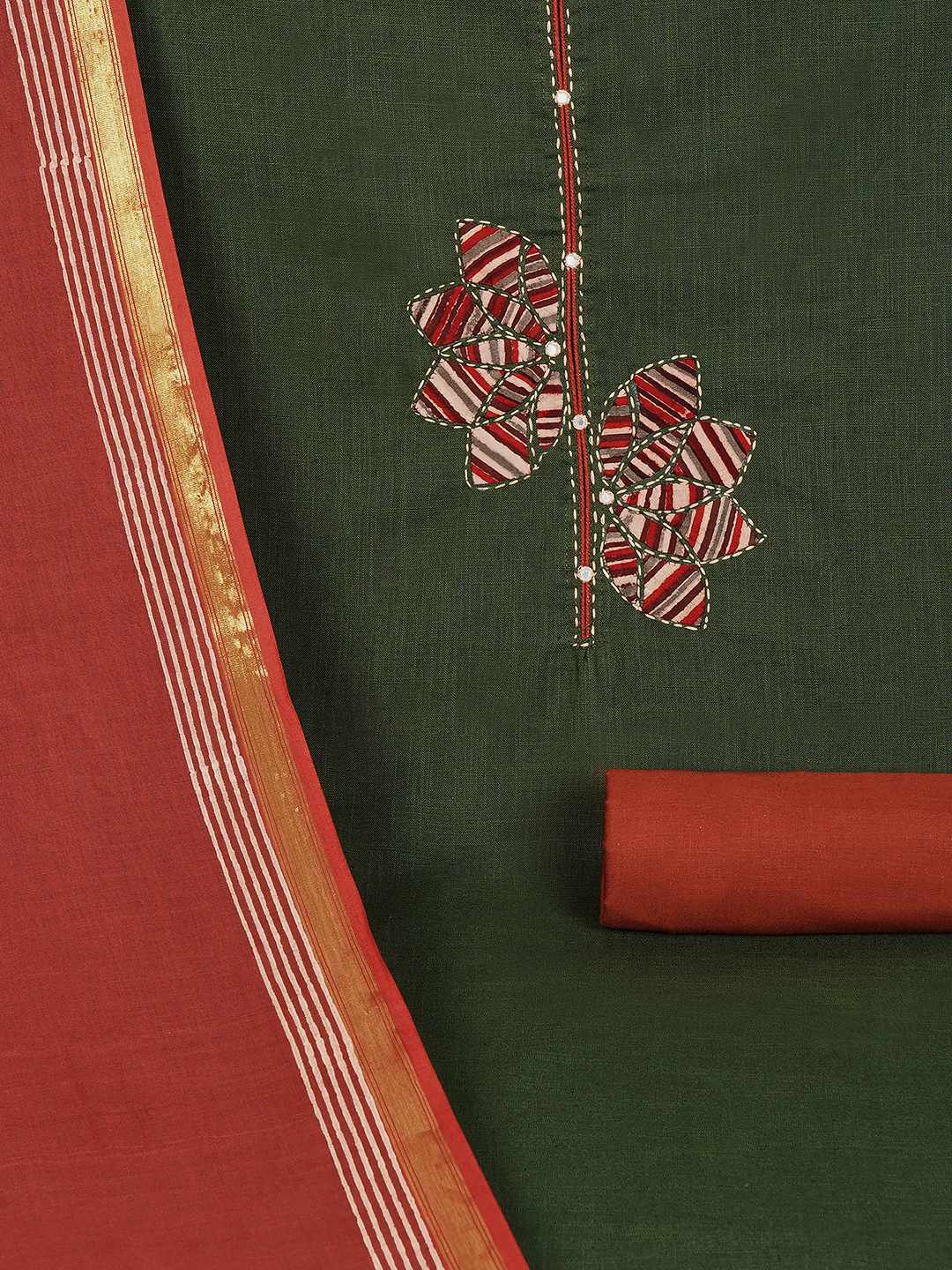 Cotton 3-Piece Unstitched Dress Material with Applique, Mirror Work, Plain Salwar & Printed Dupatta.(Green)
