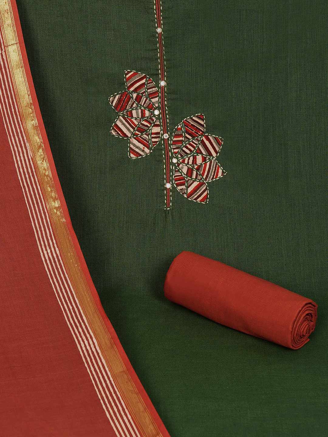 Cotton 3-Piece Unstitched Dress Material with Applique, Mirror Work, Plain Salwar & Printed Dupatta.(Green)