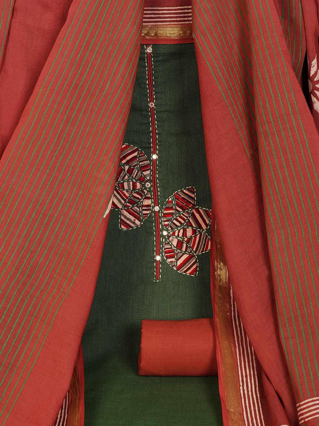 Cotton 3-Piece Unstitched Dress Material with Applique, Mirror Work, Plain Salwar & Printed Dupatta.(Green)