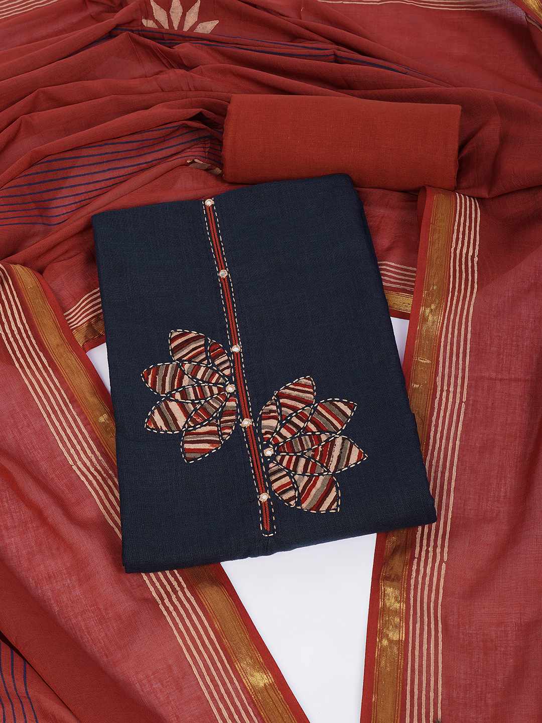Cotton 3-Piece Unstitched Dress Material with Applique, Mirror Work, Plain Salwar & Printed Dupatta.(Blue)