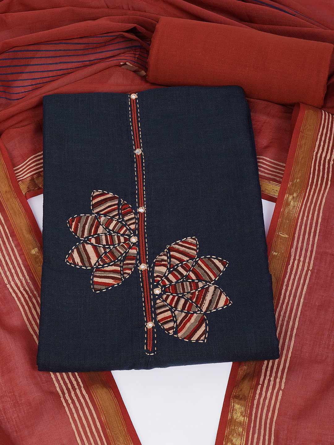 Cotton 3-Piece Unstitched Dress Material with Applique, Mirror Work, Plain Salwar & Printed Dupatta.(Blue)