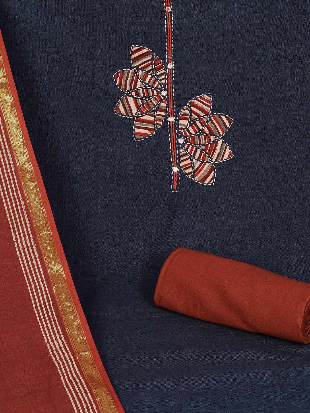 Cotton 3-Piece Unstitched Dress Material with Applique, Mirror Work, Plain Salwar & Printed Dupatta.(Blue)