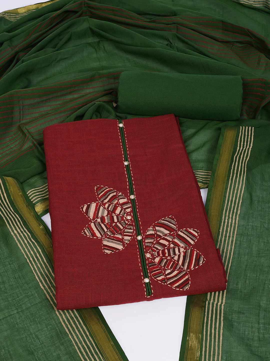 Cotton 3-Piece Unstitched Dress Material with Applique, Mirror Work, Plain Salwar & Printed Dupatta.(Maroon)