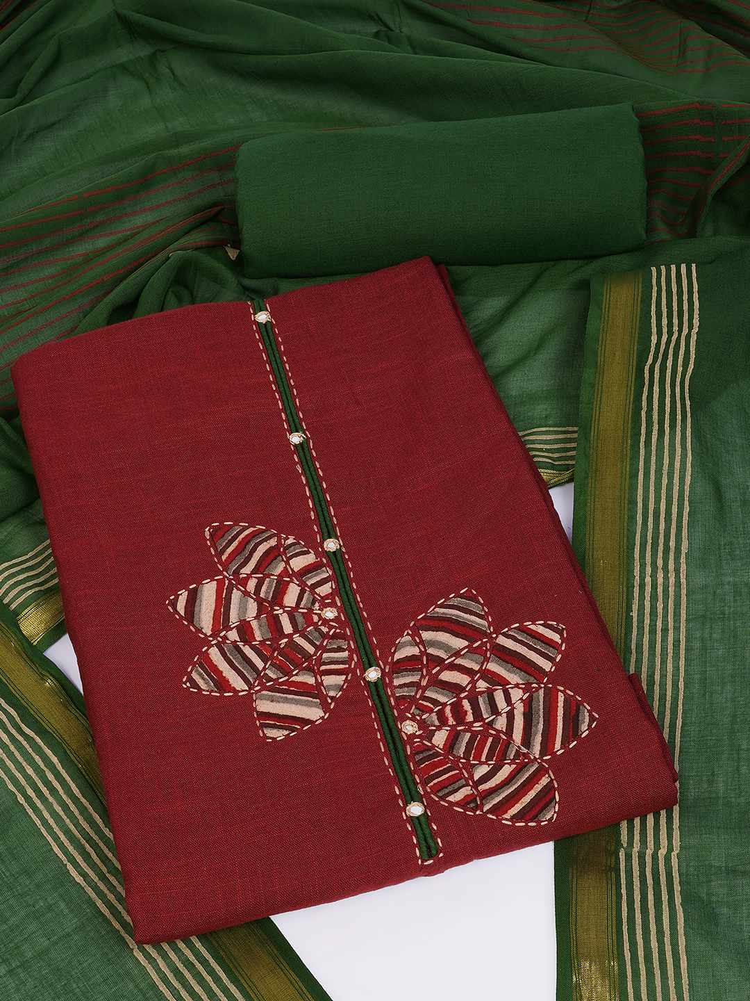 Cotton 3-Piece Unstitched Dress Material with Applique, Mirror Work, Plain Salwar & Printed Dupatta.(Maroon)