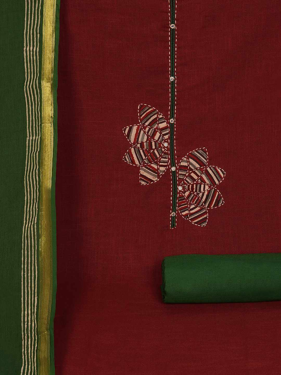 Cotton 3-Piece Unstitched Dress Material with Applique, Mirror Work, Plain Salwar & Printed Dupatta.(Maroon)