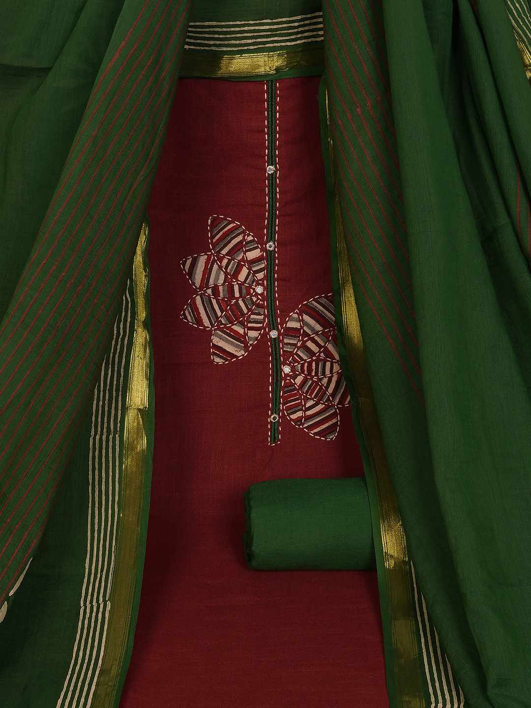 Cotton 3-Piece Unstitched Dress Material with Applique, Mirror Work, Plain Salwar & Printed Dupatta.(Maroon)