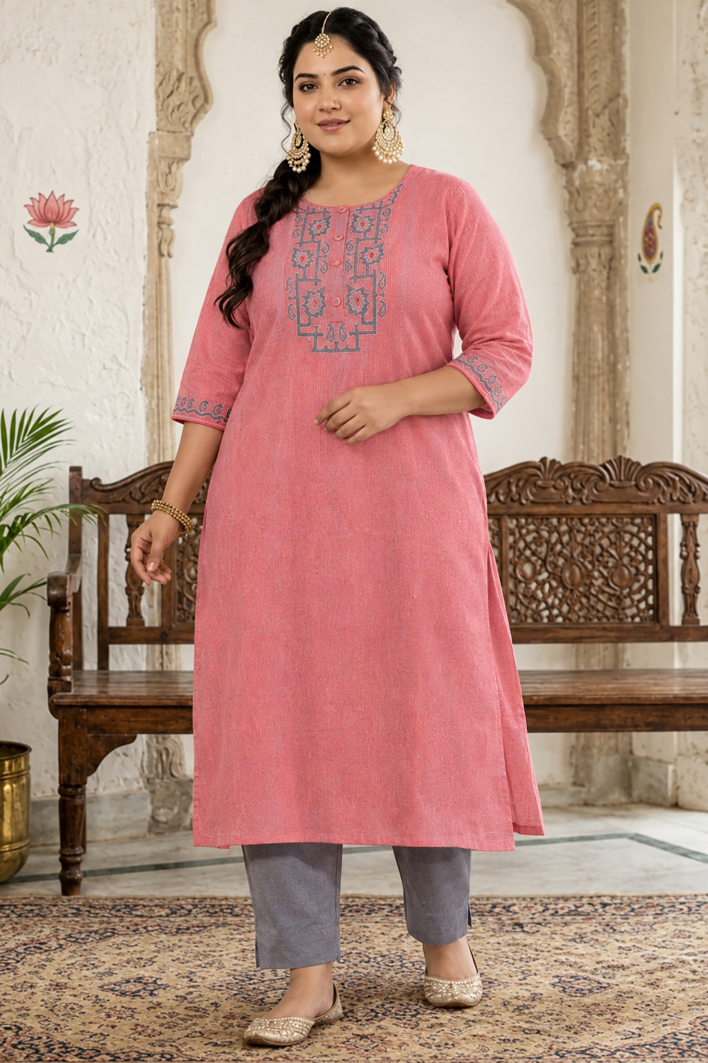 Plus size- A-Line Kurta in Woven Cotton with All-Over Thread Embroidery and Pocket Detail
