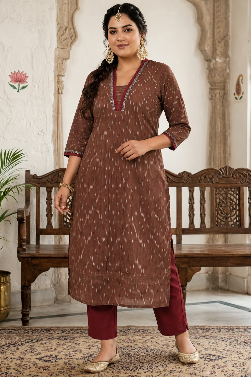 Plus size- Straight Fit Ikat Kurta with Featuring Woven Stripes, Handwork & Solid Trim.