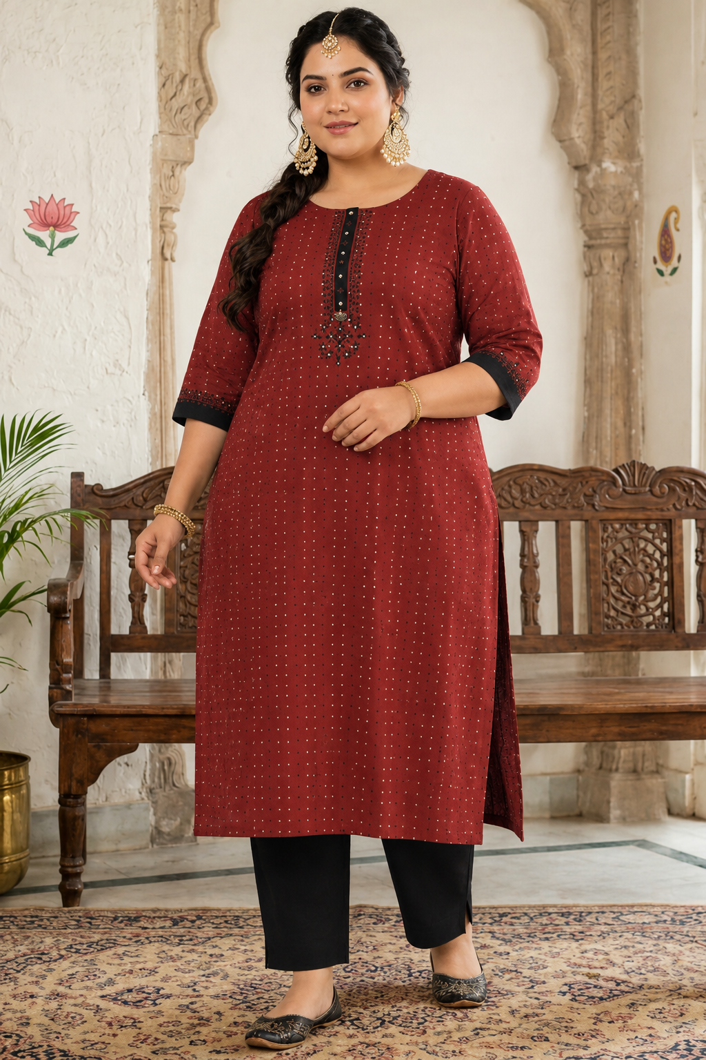 Plus size- Cotton Dobby Straight Kurta with Block Print and Handwork on Placket & Sleeve Cuffs.