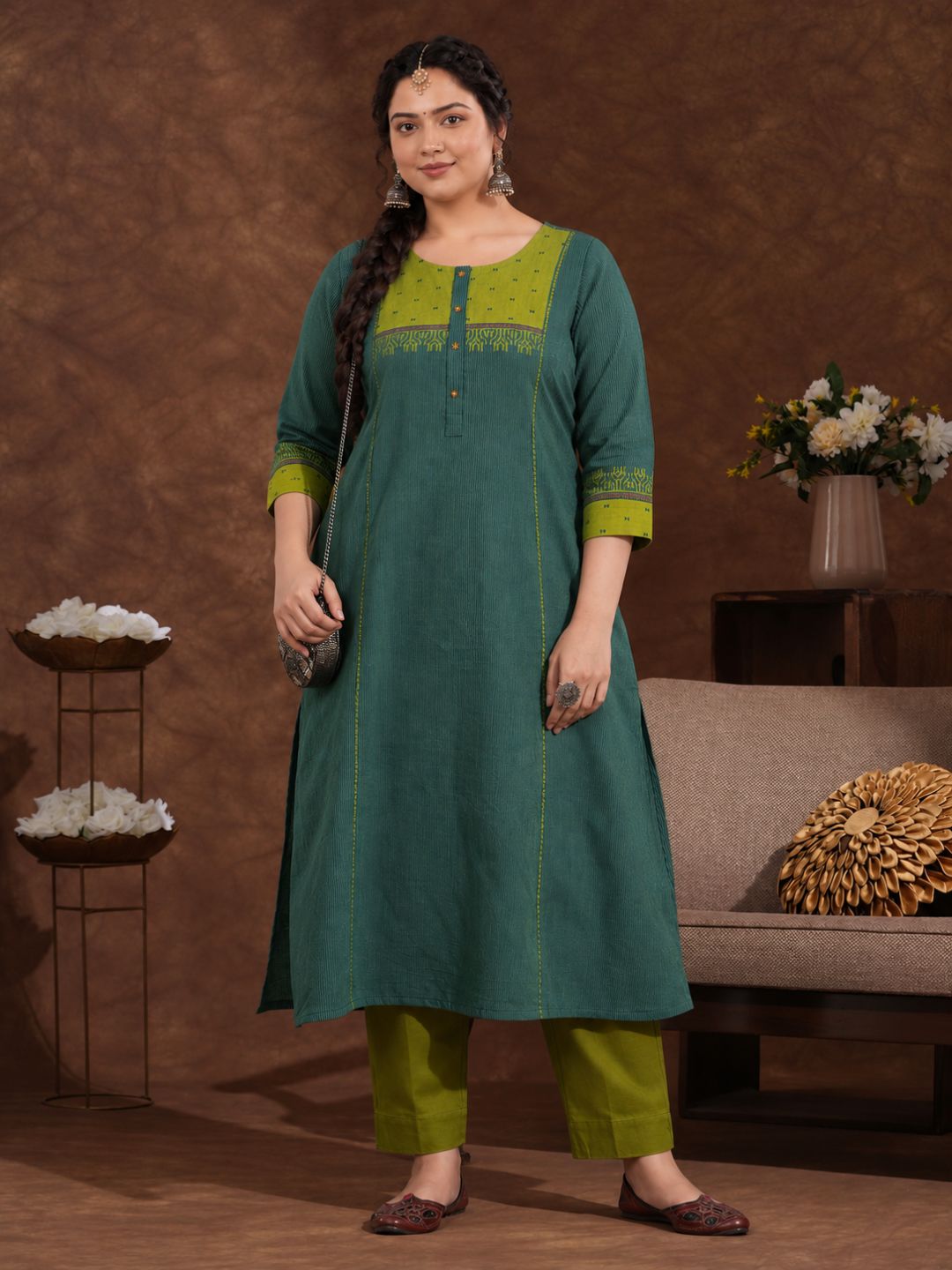 Plus Size- Pocketed A-Line Kurta in Woven Stripe Cotton with Dobby Trim, Block Print and Delicate Handwork Accents.