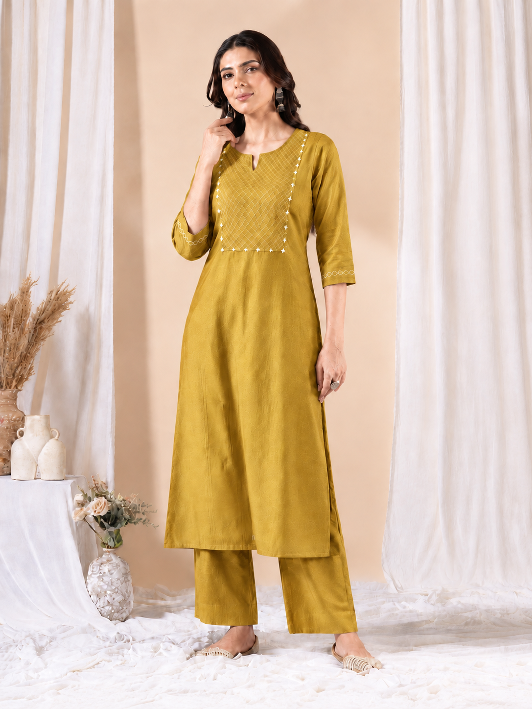 Straight Fit Silk Blend Kurta Set with Zari Embroidery & Sequins work, Plain Matching Palazzo.(Yellow)