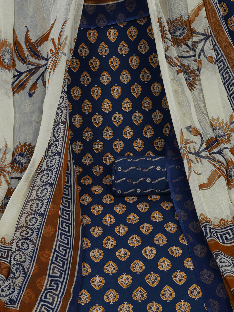 Blue Unstitched printed suits set with co-ordinated with printed dupatta.