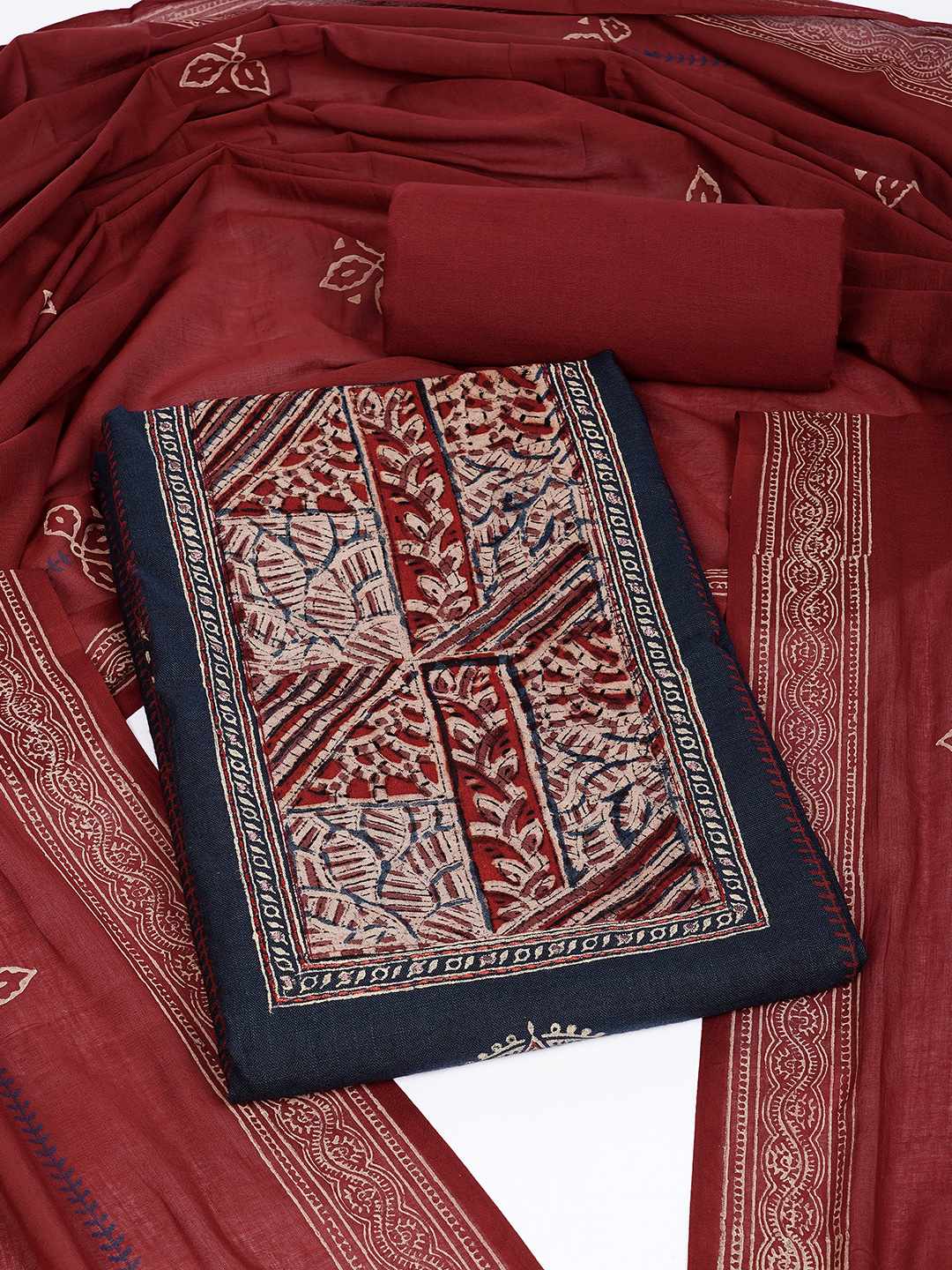 Unstitched Cotton Dress Material with Kalamkari Yoke, thread work & Printed Dupatta.(Blue)