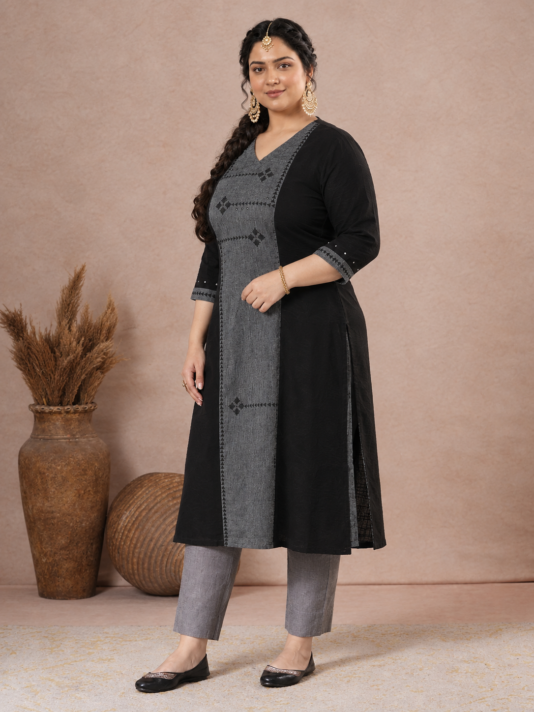 Plus Size A-Line Kurta with Block Print Panel with Mirror Work & Contrast Detail.