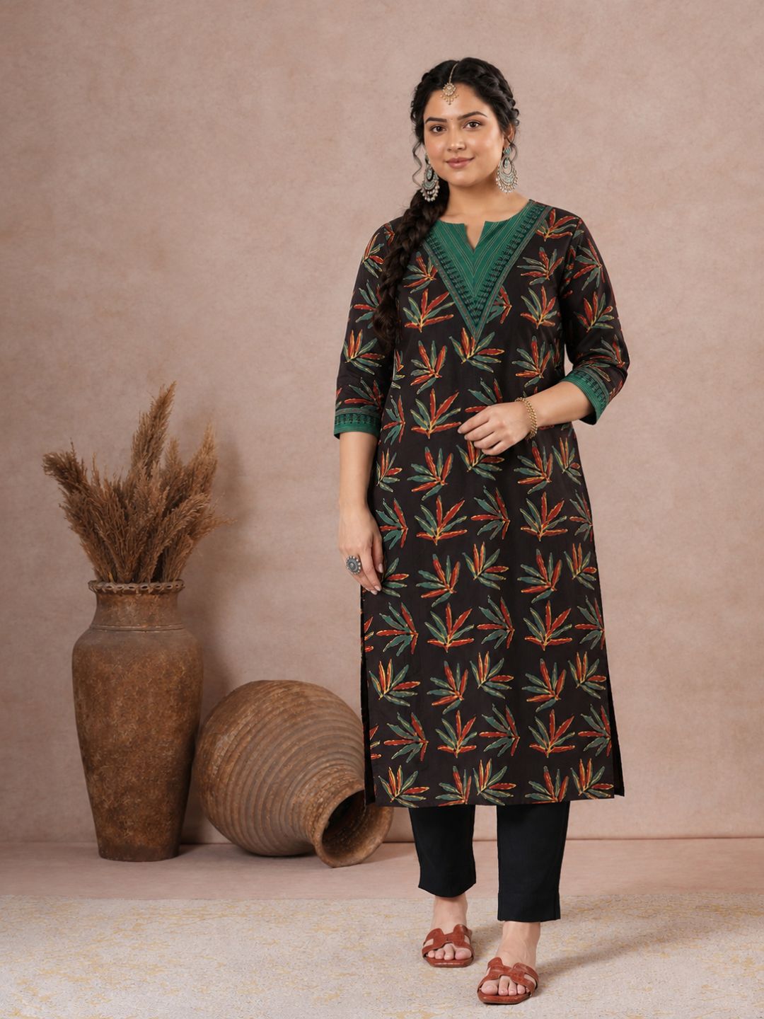 Plus Size- Straight Fit Cotton Printed Kurta with Striped Block Print Yoke & Cuff Detailing