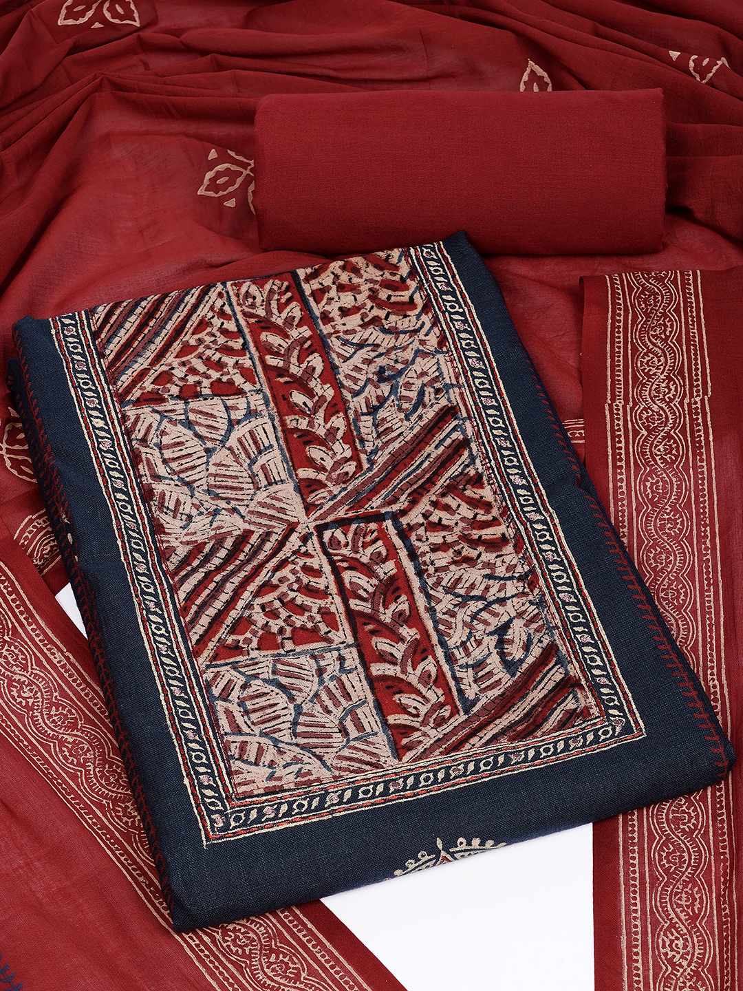 Unstitched Cotton Dress Material with Kalamkari Yoke, thread work & Printed Dupatta.(Blue)