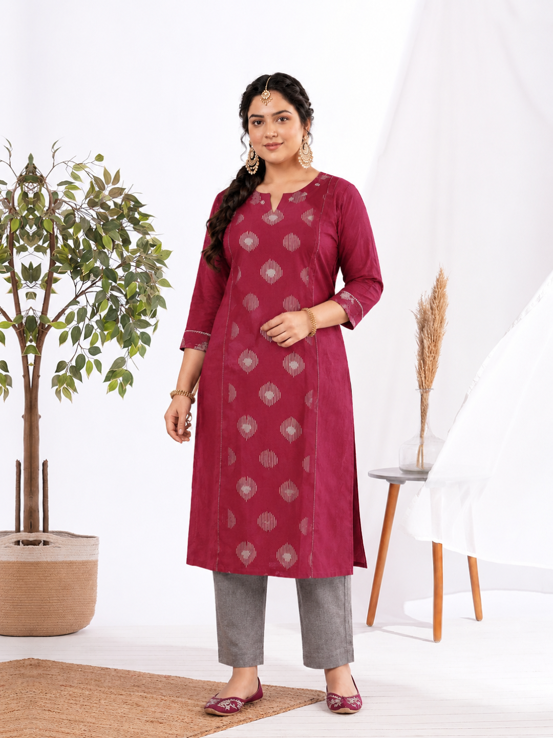 Plus Size Pocketed A-line cotton kurta with a printed center panel and hand work detailing.(Maroon)