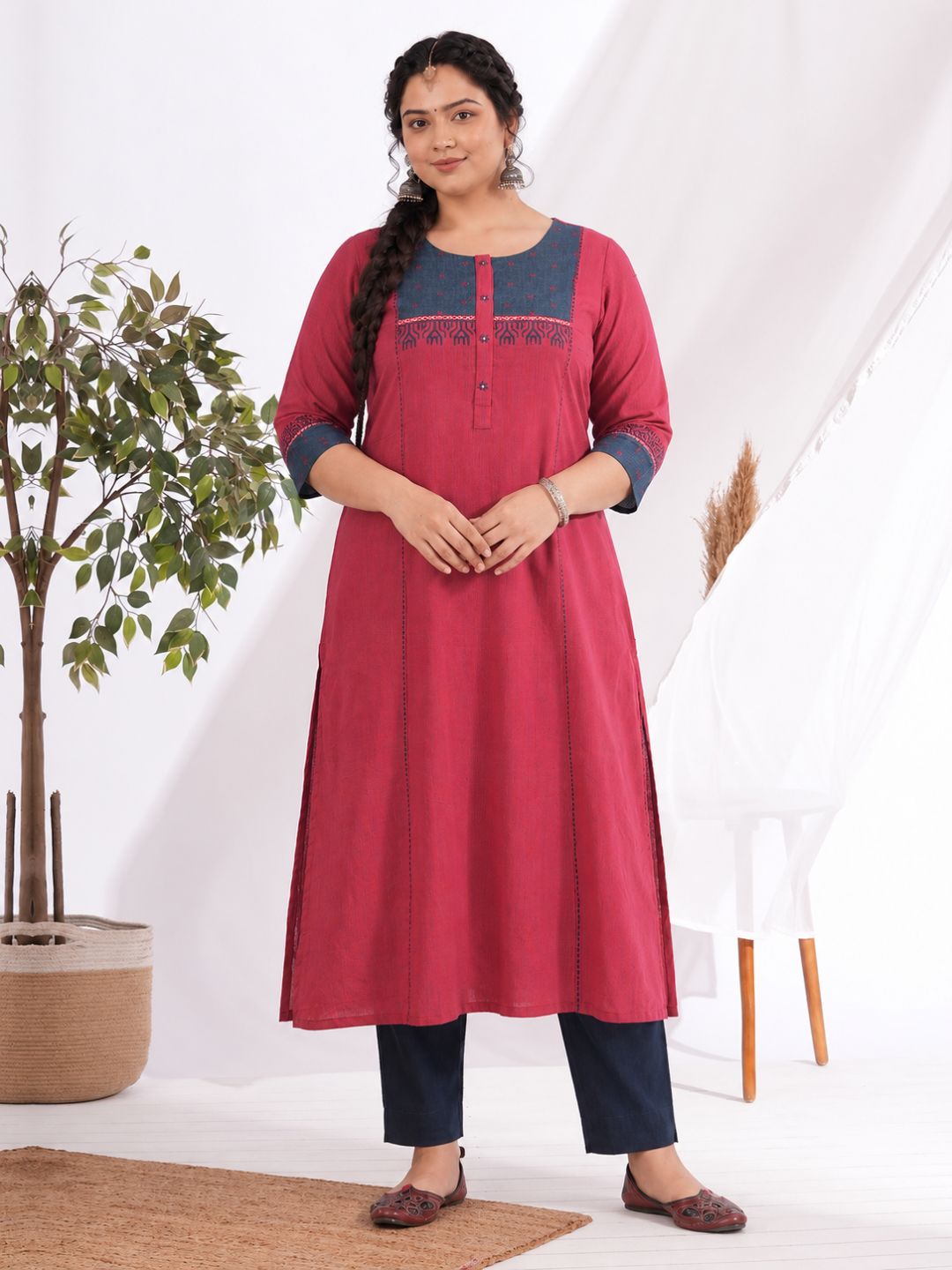 Plus Size- Pocketed A-Line Kurta in Woven Stripe Cotton with Dobby Trim, Block Print and Delicate Handwork Accents.