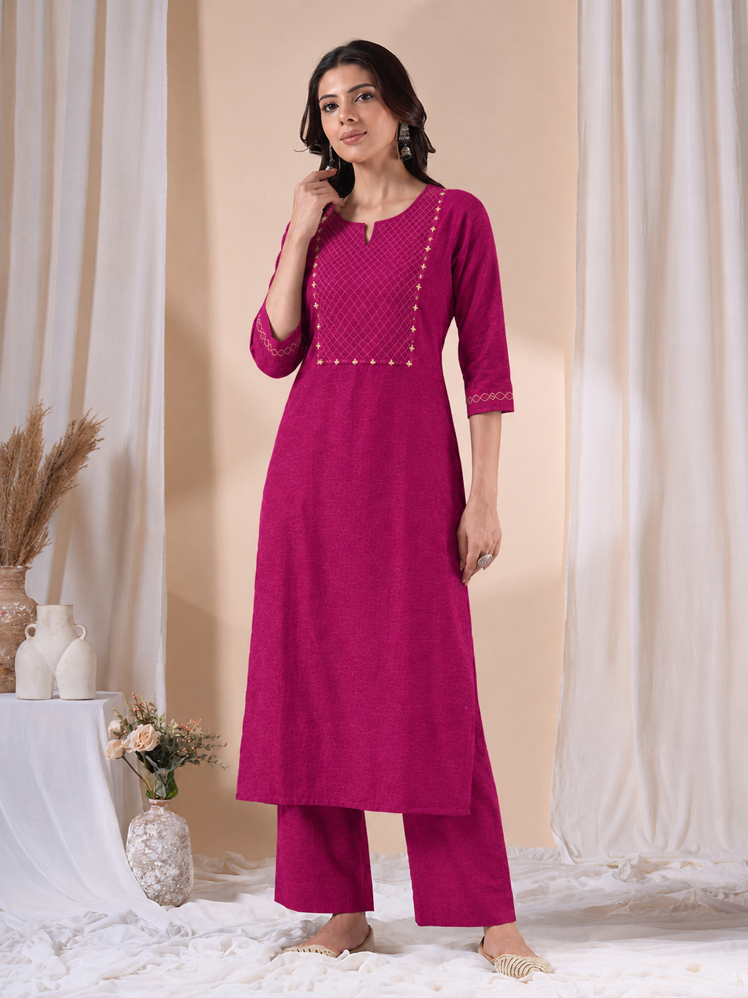 Straight Fit Silk Blend Kurta Set with Zari Embroidery & Sequins work, Plain Matching Palazzo.(Pink)