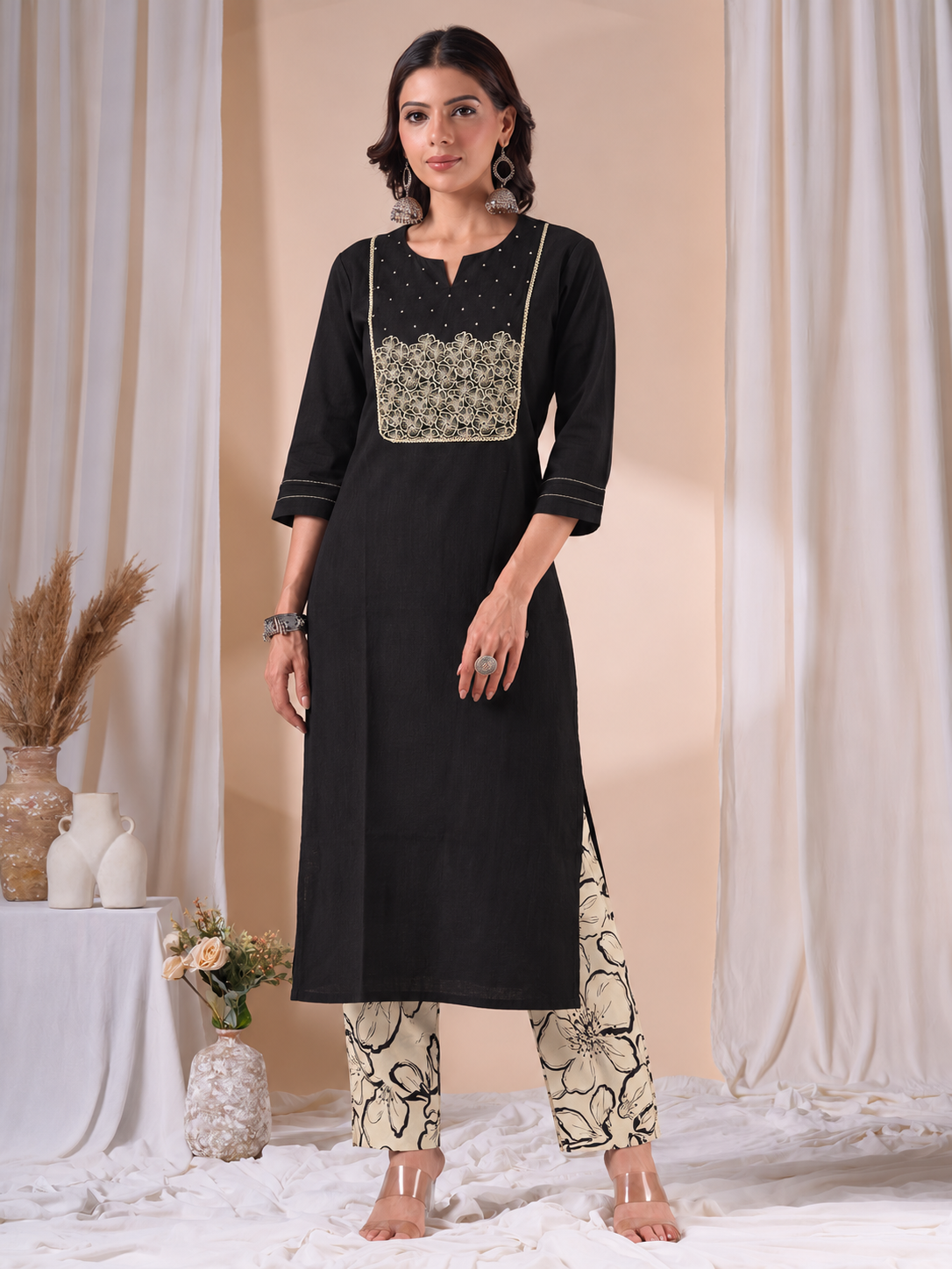 Straight Fit Cotton Kurta Set with Floral Embroidery, Crochet Lace and Printed Pants.