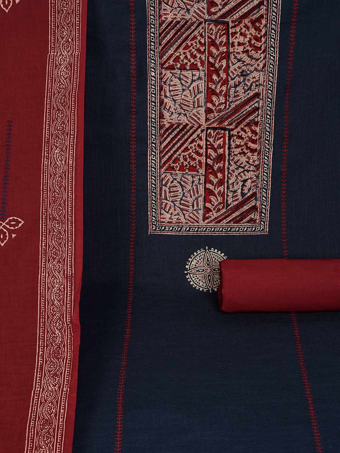 Unstitched Cotton Dress Material with Kalamkari Yoke, thread work & Printed Dupatta.(Blue)