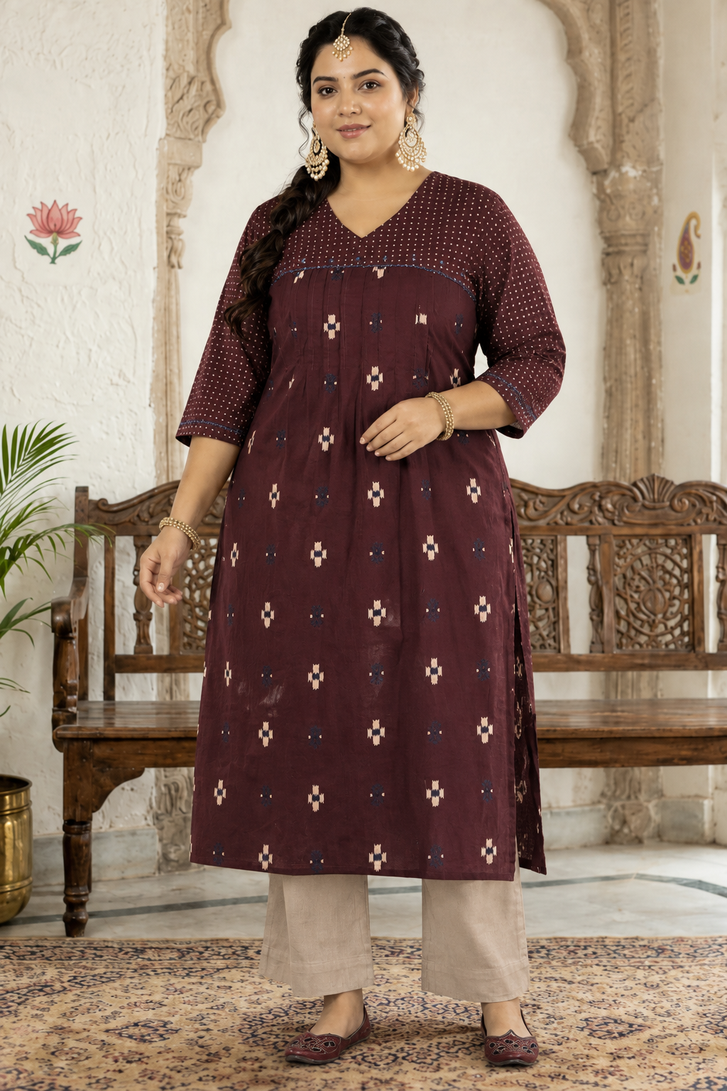 Plus size- Straight Fit Cotton Printed Kurta with Shoulder Yoke, Front Tucks and Hand Embroidery on Yoke and Sleeves