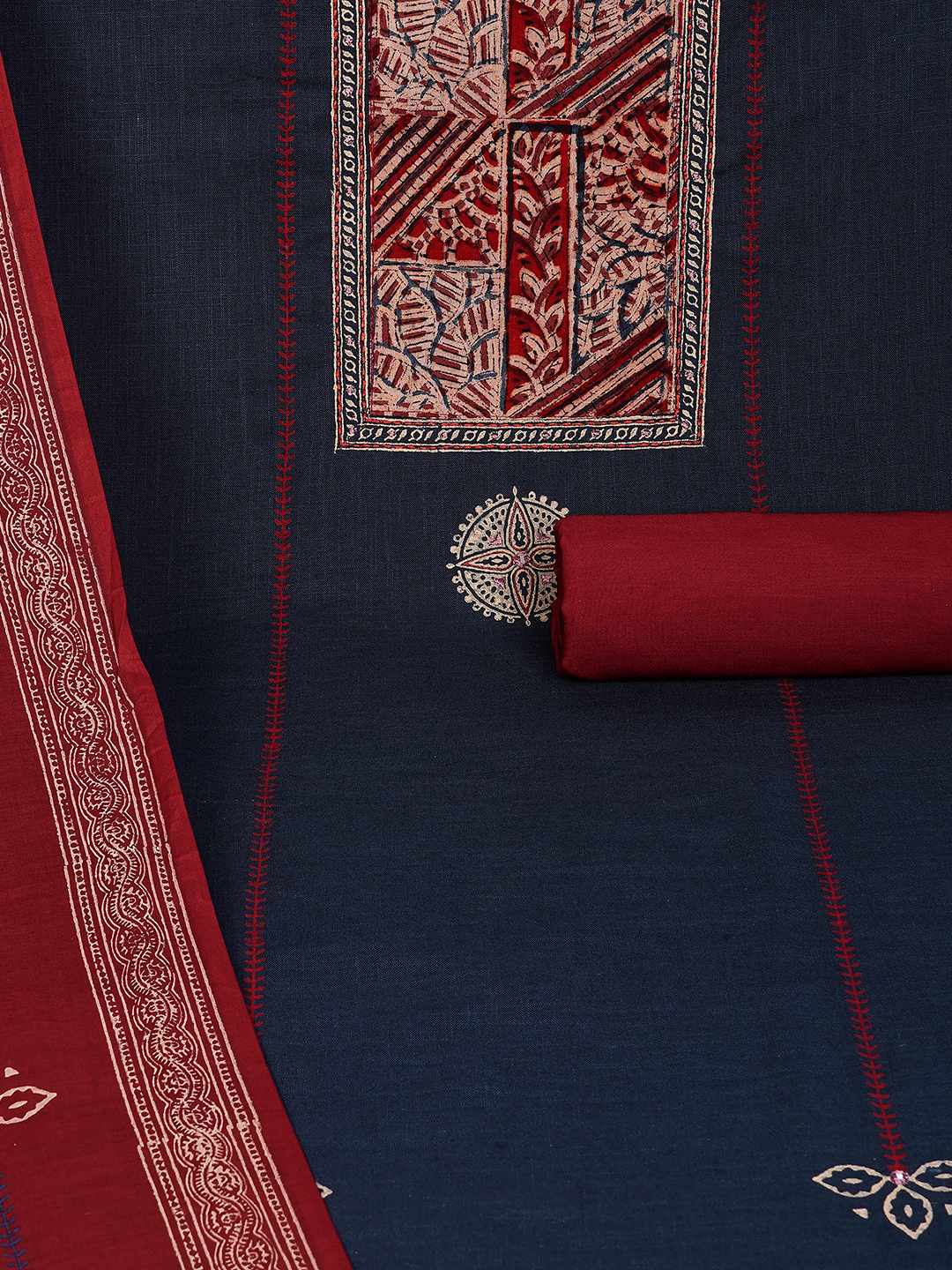 Unstitched Cotton Dress Material with Kalamkari Yoke, thread work & Printed Dupatta.(Blue)