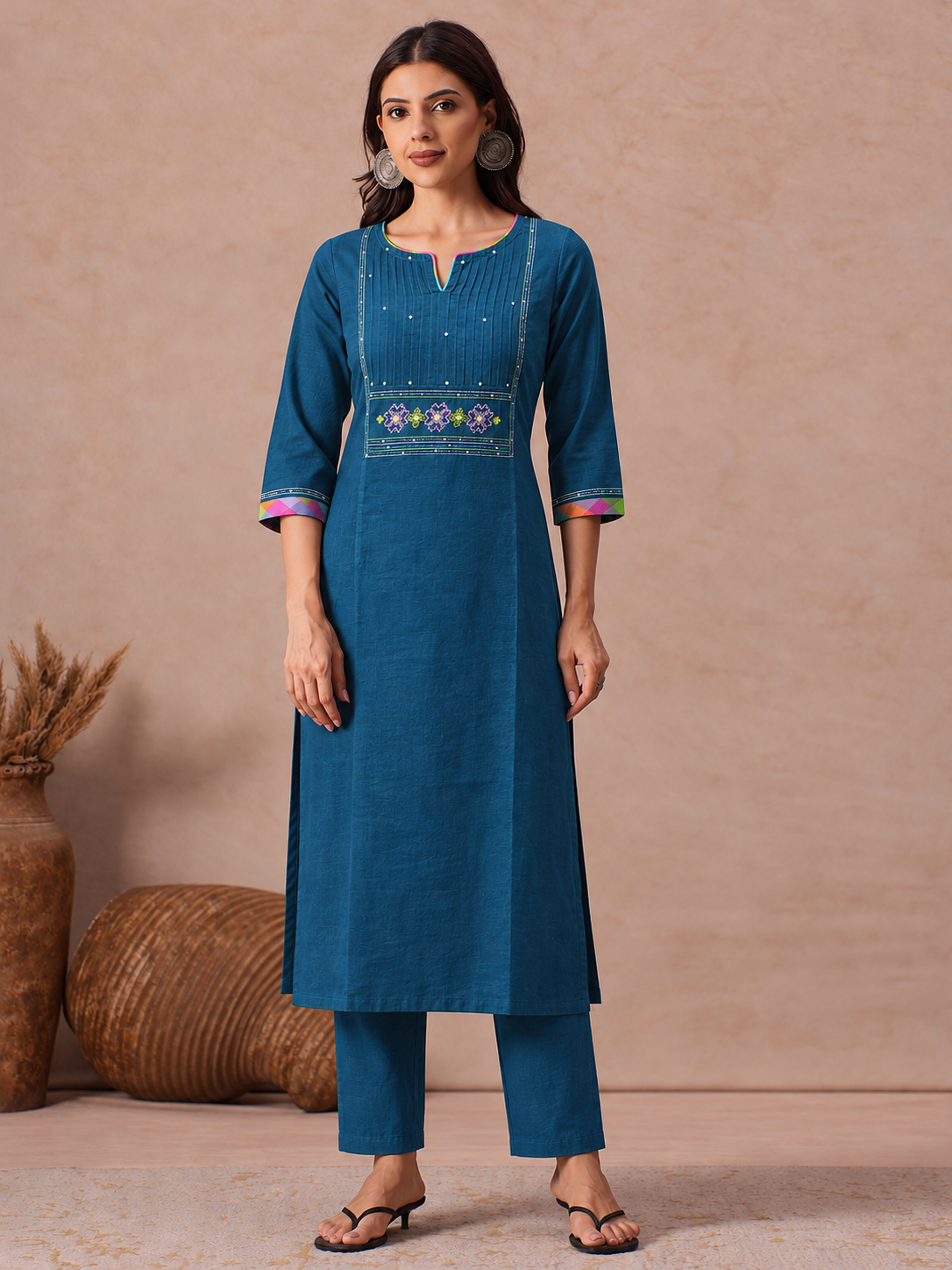 Straight Fit Cotton Kurta Set with Geometric Embroidery, Sequin Work and Plain Pants.