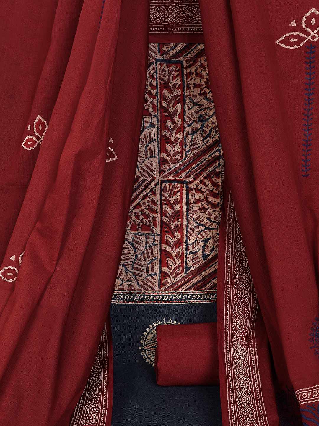 Unstitched Cotton Dress Material with Kalamkari Yoke, thread work & Printed Dupatta.(Blue)