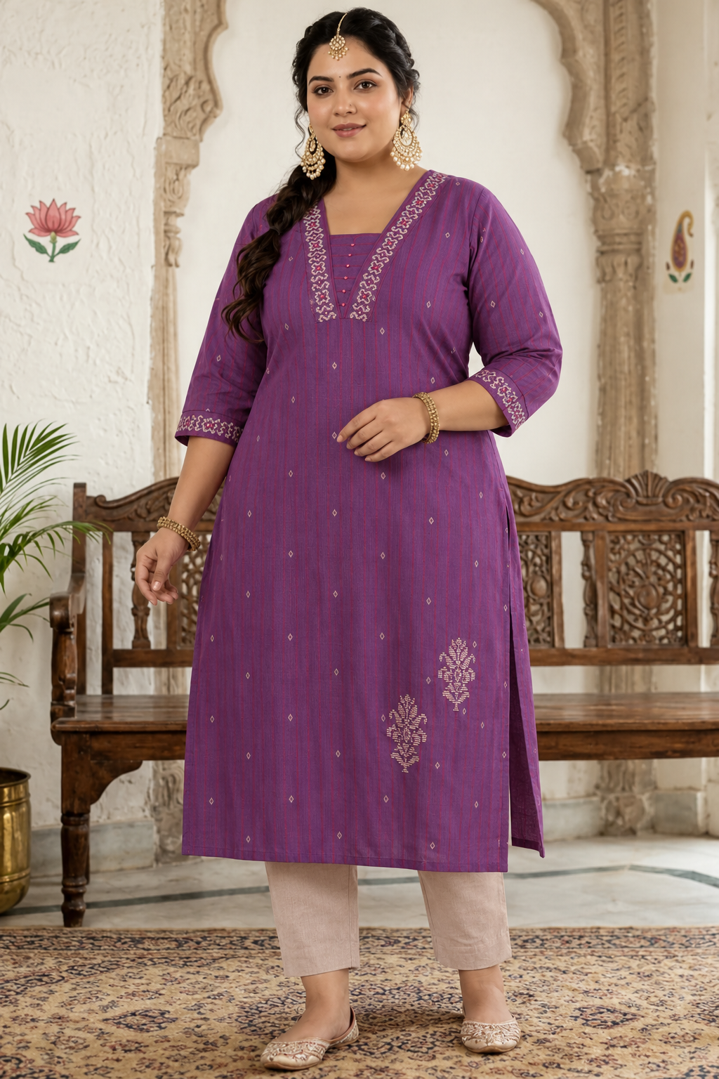 Plus size- Comfortable Cotton Straight Dobby Stripe Kurta with Block Printed Neckline and Hem Placement