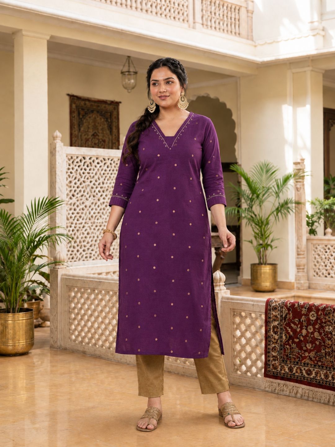 Plus Size- Straight Fit Cotton Woven Kurta with Zari, Embroidery and Handwork Detail.