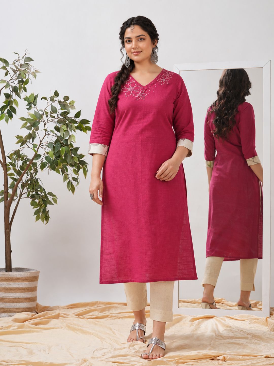 Plus Size- Cotton Straight Fit Kurta with Embroidered Neckline and Contrast Print Roll-Up Cuff Accents.