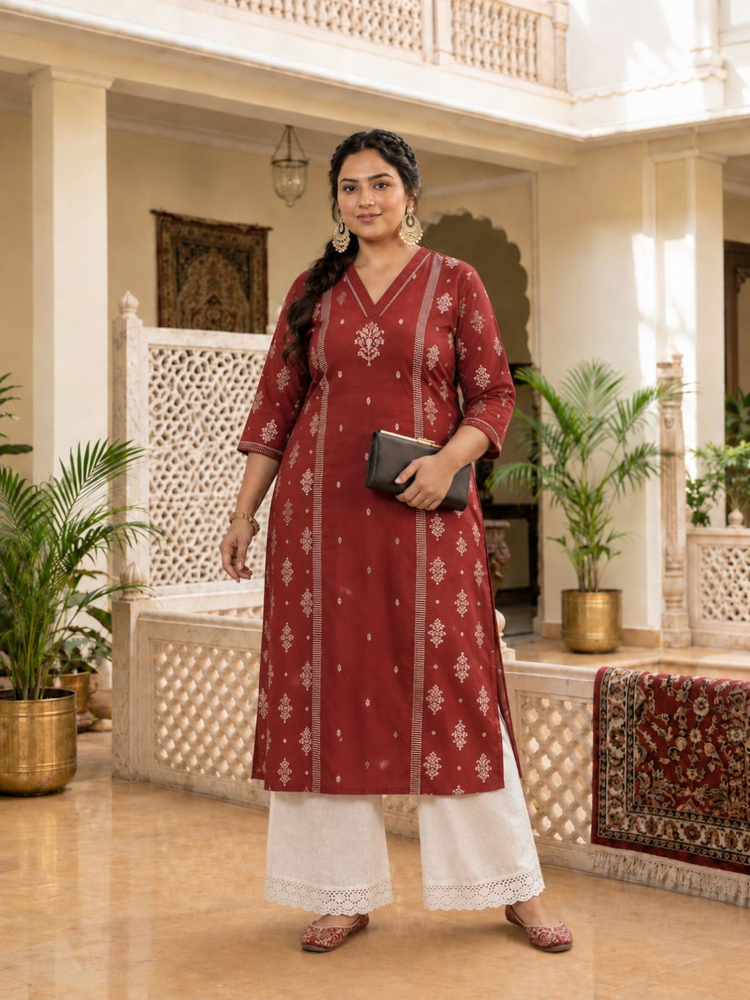 Plus Size- Cotton Straight Princess Shoulder Kurta with Block Print Centre Panel and Sleeve Detailing