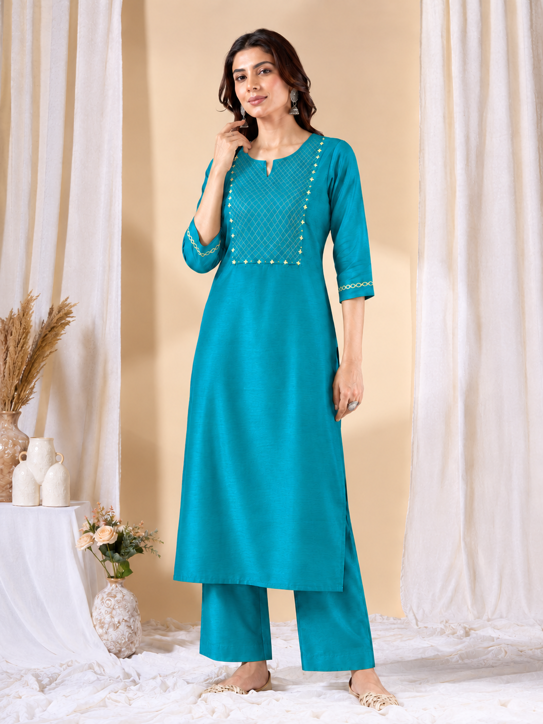 Straight Fit Silk Blend Kurta Set with Zari Embroidery & Sequins work, Plain Matching Palazzo.(Turquoise)