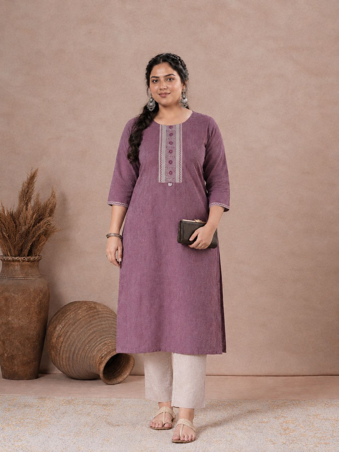 Plus Size- Straight Striped Cotton Kurta in Woven Fabric with Block Print Yoke and Mirror Handwork.